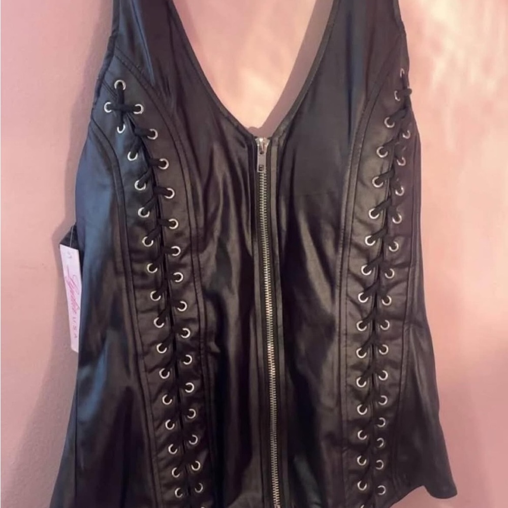 Black Lace-Up Leather Vest Plus Size 1x